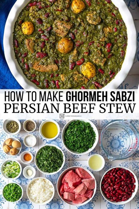 Ghormeh Sabzi is an intensely flavorful Persian beef stew with dried limes, fenugreek leaves and fresh herbs fried until concentrated. Try it with this easy Ghormeh Sabzi recipe! Persian Beef Stew, Persian Beef, Dried Limes, Walnut Chicken, Persian Rice, Iranian Recipes, Persian Recipes, Food Indian, The Mediterranean Dish