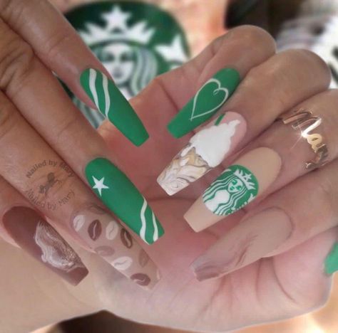 Starbucks Nail Art, Starbucks Nails Designs, Coffee Nails Designs Art Ideas, Starbucks Nails, Diy Starbucks, Uñas Ideas, Birthday Nail Designs, Nail Magic, Ideas Uñas