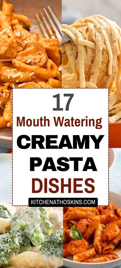 Discover easy creamy pasta recipes for dinner that are quick, ready in 30 minutes and make easy homemade meals for family dinner. You will find homemade dishes with cream sauces such as alfredo, red, pink, white or tomato sauce, made using chicken, shrimp, salmon, seafood or vegetarian recipes.  Get the best creamy pasta dishes at kitchenathoskins.com. Half And Half Recipes Pasta, 30 Minute Pasta Meals, Pasta Sauces Healthy, Soft Pasta Recipes, Easy Pasta Ideas For Dinner, Pasta Creamy Recipes, Cream Based Pasta Sauce, Dinner Recipes With Heavy Cream, Best Easy Pasta Recipes