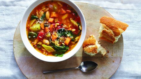 Vegetarian Minestrone - Valerie Bertinelli Valerie Bertinelli Recipes Food Network, Food Network Valerie Bertinelli, Valerie's Home Cooking Recipes, Killer Shrimp, Vegetarian Minestrone, Tomato Soup With Grilled Cheese, Soup With Grilled Cheese, Comfort Soups, Grilled Cheese Croutons