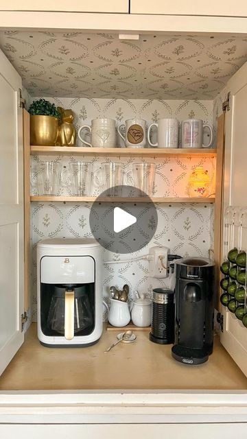 Brittany J. Smith▫️NewOldHouse on Instagram: "Coffee Nook done ☑️ I finally found this leftover wallpaper hiding in the back of a closet a few days ago. If you’ll remember, I revamped this little coffee spot months and month" Tiny House Wardrobe, Diy Coffee Bar Ideas, Leftover Wallpaper, Diy Coffee Bar, J Smith, Coffee Nook, Instagram Coffee, Coffee Bar, Nook