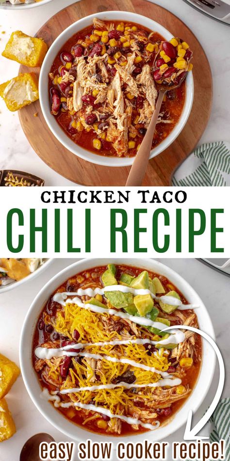 Slow Cooker Chicken Taco Chili is the answer to "what's for dinner?" With an abundance of tex mex spices and tender chicken, this tasty chili is going to be hit in your home. I know it! Slow Cooker Chicken Chilli, Mexican Chicken Chili Recipe, Slow Cooker Chicken Taco Chili, Crockpot Chicken Taco Chili, Ground Chicken Chili, Taco Chili Recipe, Chicken Taco Chili, Taco Chili, Slow Cooker Shredded Chicken