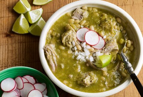 Mole Verde with Pork and White Beans - It is customary for Día De Los Muertos, which is fast approaching, to put the favorite foods of your dearly departed on your altars. You will see them adorned with tamales, pan dulces and, quite often, moles. Many people are familiar with the brown-colored mole sauce that has chocolate in it, and it is delicious. But the world of moles is so immense and has many tasty surprises. This Mole Verde is one! Pati's Mexican Table Recipes, Patti Jinich, Patti Jinich Recipes, Mole Verde, Patis Mexican Table, Pati Jinich, White Bean Recipes, Pork Broth, Mexican Table