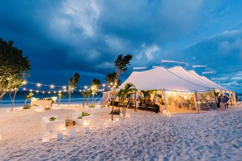 tented wedding reception at dusk Tented Beach Wedding, Wedding Tent Beach, Beach Tent Reception, Coastal Tent Wedding, Beach Tent Wedding, Saylor Tent Wedding, Belize Wedding, Bahamas Beach, Big Tents