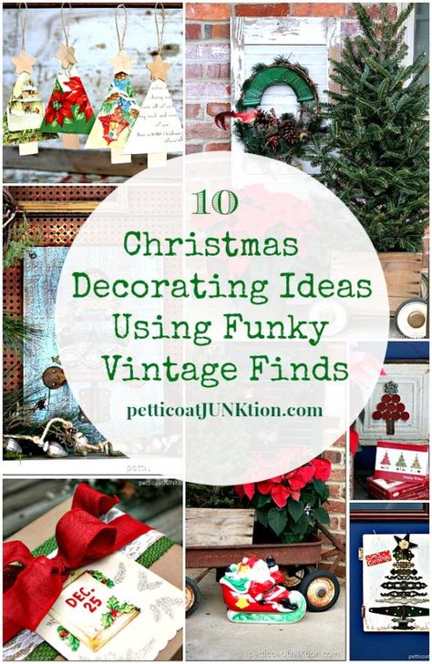 10 Creative Christmas Decorating Ideas using Vintage finds and funky junk. Crazy Christmas Decorations, Upcycled Christmas Decorations, Recycled Diy, Upcycled Christmas, Recycled Christmas, Repurposing Ideas, Vintage Christmas Crafts, Christmas Craft Ideas, Thrift Store Decor