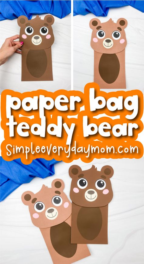 Paper Bag Bear Craft, Preschool Bear Craft, Bear Paper Bag Puppet, Sack Puppets, Paper Bag Puppet Craft, Teddy Bear Template, Bear Puppet, Puppet Stage, Zoo Animal Crafts