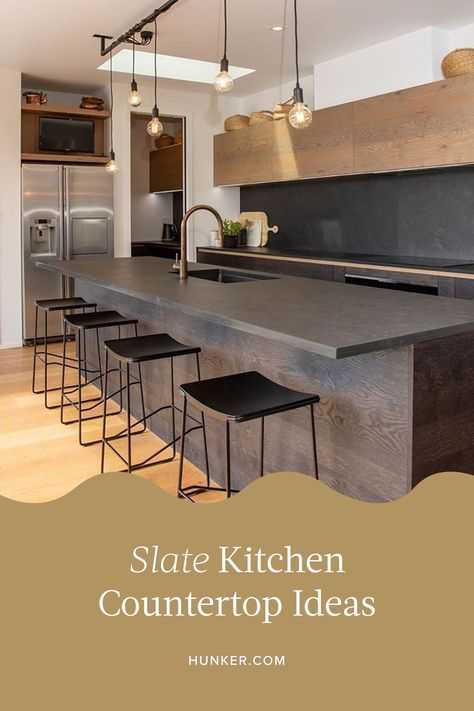 Slate Countertop Kitchen, Slate Kitchen Countertops, Diy White Concrete Countertops, Kitchen Countertop Ideas, Slate Backsplash, Slate Kitchen, Concrete Countertops White Cabinets, Slate Countertop, Concrete Countertops Kitchen Diy