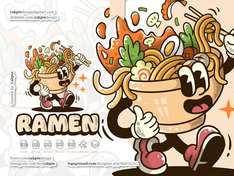 cakpin | Dribbble Logo Doodle Design, Retro Food Illustration, Ramen Character, Ramen Branding, Mascot Reference, Japanese Cartoon Art, Food Mascot, Vintage Mascot, Food Characters