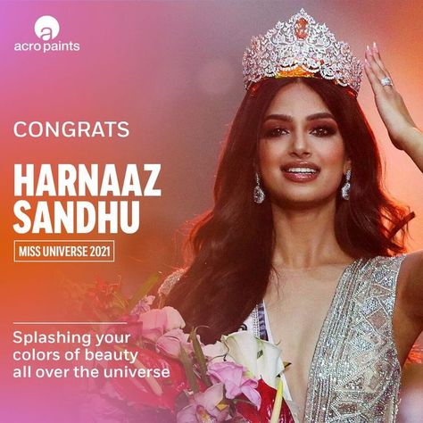 Acro paints congratulate Harnaaz Sandhu on winning the title of Miss Universe 2021 and becoming the third Indian woman to bring the crown home after 21 long years. We are proud of you! Heartiest congratulations! Pubmats Graphic Design, Harnaaz Sandhu, Facebook Frame, Hearty Congratulations, Canvas Learning, Beauty Posters, Event Poster Design, Learning Graphic Design, Indian Woman