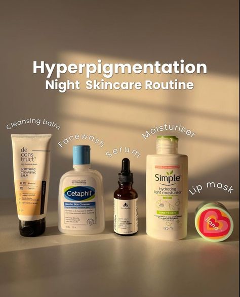 Hyperpigmentation night skin care routine Affordable Skin Care Products In India, Skincare Products For Hyperpigmentation, Products For Hyperpigmentation, Skin Care Hyperpigmentation, Night Skincare Routine, Night Skin Care, Beginner Skin Care Routine, Men Skin Care Routine, Night Skincare