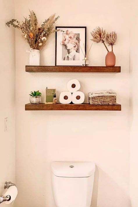 15 Over the Toilet Storage Ideas: Organization and Design - GoTinySpace Bathroom Floating Shelves Above Toilet Decorating Ideas, Storage Around Toilet, Accent Wall Toilet, Decor Behind Toilet, Floating Shelves Bathroom Above Toilet, Bathroom Floating Shelves Above Toilet, Above The Toilet Ideas, Small Toilet Room Ideas, Shelves Behind Toilet