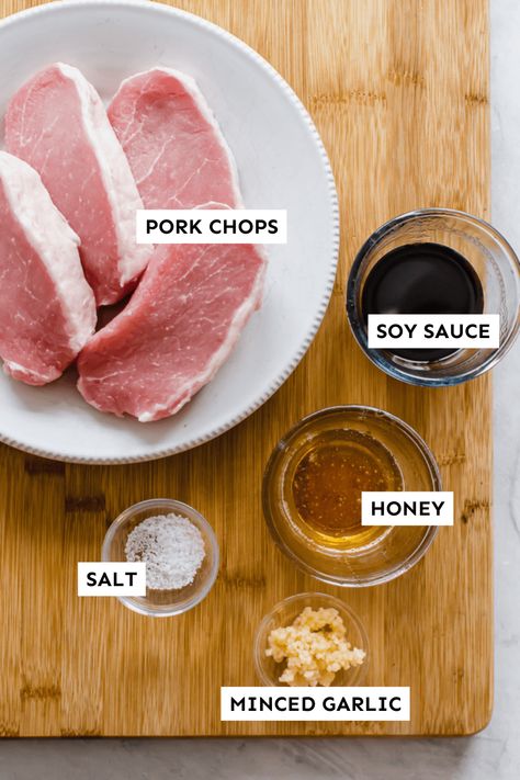 A few simple ingredients (honey, soy sauce, and garlic) can bring a simple pork chop to life in about 30 minutes! These Sweet & Savory Oven Baked Boneless Pork Chops not only come together in a flash but can also be prepped as a make ahead freezer meal. Make sure to reduce the marinade into a delectable, sticky sauce to drizzle over the top just before eating. A great weeknight meal that everyone will love! #porkchoprecipe #bonelessporkchop #freezermeal Pork Chop Recipes Marinated, How To Marinate Pork Chops, Boneless Center Cut Pork Loin Recipes, Pork Chop Marinade Baked, Boneless Pork Chops Oven, Oven Baked Boneless Pork Chops, Baked Boneless Pork Chop Recipes, Pork Chop Marinade Recipes, Baked Boneless Pork Chops