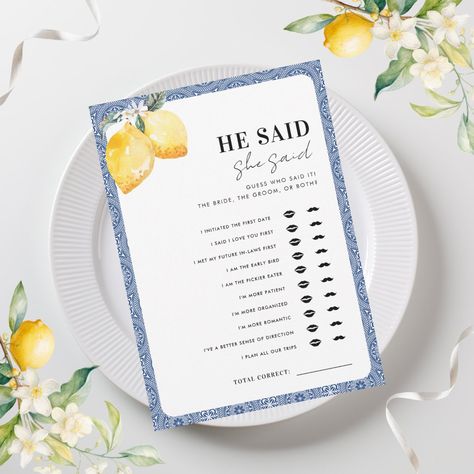 Enjoy your bridal shower with this "He Said She Said" game, featuring Italian white lemon floral, blue mediterranean tile, 10 custom questions and personalized back. Easily add your own details by clicking on the "personalize" option. Capri Themed Bridal Shower Ideas, Italian Theme Bridal Shower Ideas, Italian Bridal Shower Themes, Italian Summer Bridal Shower Theme, Lemon Wedding Shower Theme, Mediterranean Bridal Shower Theme, Italian Lemon Bridal Shower Theme, Italian Bridal Shower Ideas, Lemon Themed Bridal Shower Ideas