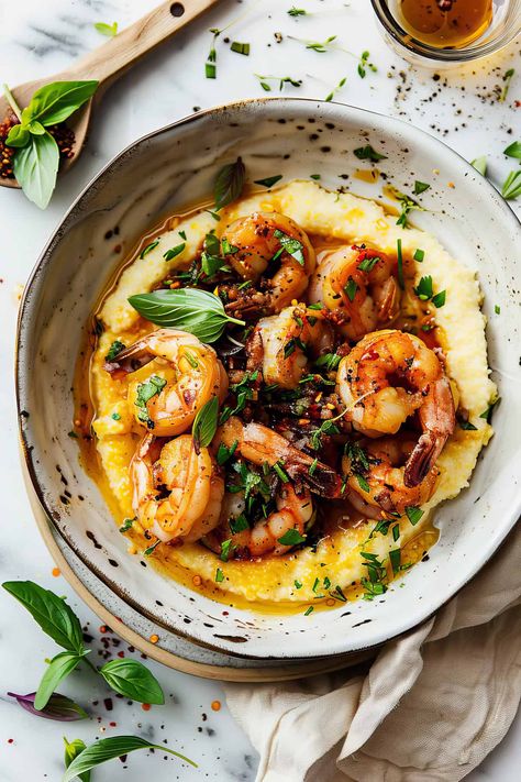 Honey Garlic Shrimp and Polenta Sweet Polenta Breakfast, Shrimp With Polenta Recipes, Polenta With Shrimp, Shrimp Polenta Recipes, Shrimp And Corn Pasta, Polenta And Shrimp Recipes, Chicken And Polenta Recipes, Shrimp And Polenta Recipes, Recipes With Polenta