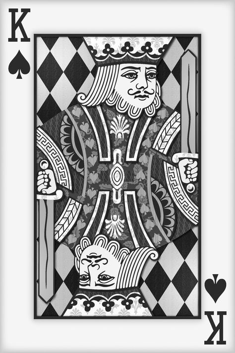 #Playing Card Wall Art #Playing Card Print King Of Spades Wallpaper, King Card Tattoos For Men, King Playing Card Tattoo, King Card Design, King Card Tattoo, Black And White Playing Cards, Dnd Drawings, King Playing Card, King Of Hearts Card