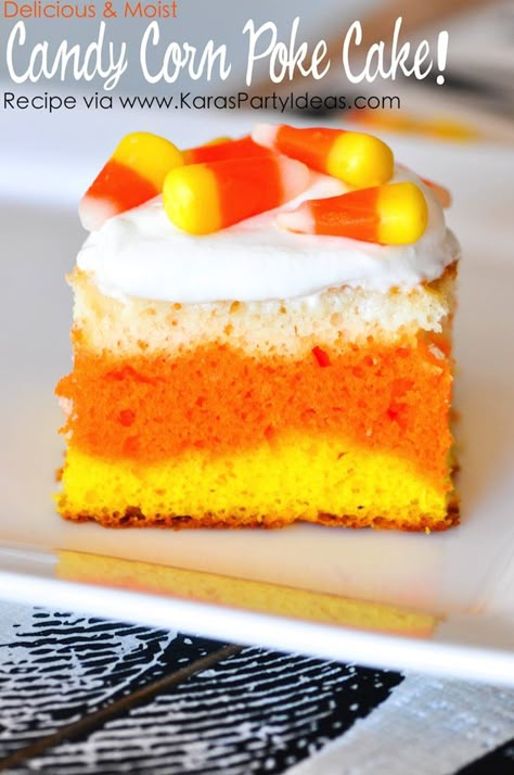 Delicious and Moist Candy Corn Poke Cake Recipe #expertbloggertested #expertbloggerstrong Candy Corn Cake, Halloween Eats, Corn Cake, Cake Halloween, Poke Cake Recipe, Dulces Halloween, Recipe Cake, Poke Cake Recipes, Poke Cakes