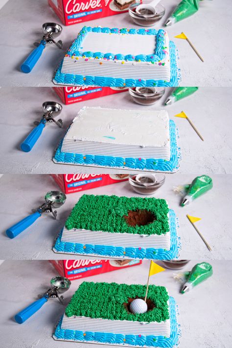 Let's see if you can Master this easy golf ice cream cake tutorial. ⛳ Golf Ice Cream Cake, Easy Golf Cake, Mini Golf Cake, Carvel Ice Cream Cake, Golf Themed Cakes, Carvel Ice Cream, Golf Birthday Cakes, Serving Sizes, Ice Cream Cakes