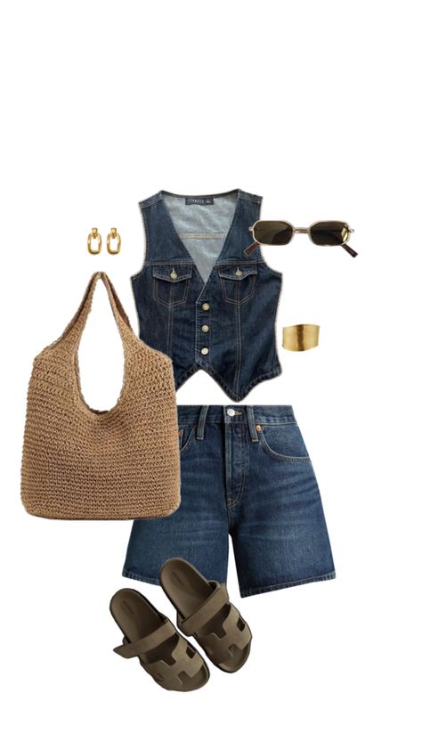 Dark blue denim high waisted shorts, dark denim waistcoat, large rattan style tote bag, sandals, gold bracelet, gold earrings, black sunglasses summer outfit inspiration Dark Denim Shorts Outfit, Blue Denim Outfit, Blue Denim Outfits, It Girl Summer, Outfits Faldas, Fashion Inspo Summer, Waistcoat Fashion, Double Denim Looks, Denim Waistcoat