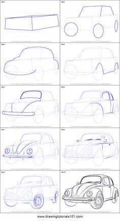 Cool Car Drawings Easy, How To Draw A Car, Car Drawing Tutorial, Car Drawing Easy, Beetle Drawing, Draw Cars, Volkswagen Beetle Vintage, Bus Art, Vw Art