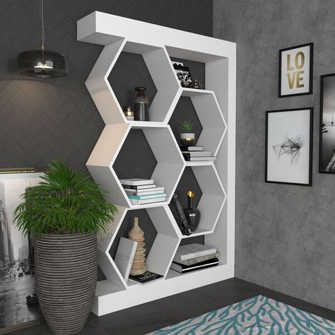 Latitude Run® Milesburg 55'' H Cube Bookcase & Reviews | Wayfair Honeycomb Shelves, Hexagon Shelves, Modern Bookshelf, Cube Bookcase, Sideboard Tv Unit, Modern Bookcase, White Bookcase, Hexagon Design, Modern Shelving