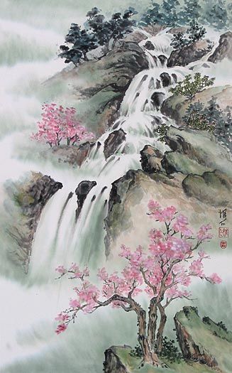 Chinese waterfall and mountain landscapes painted by internationally renowned YouTube artist Virginia Lloyd-Davies. China Culture, Mountain Landscape Painting, Chinese Landscape Painting, Art Chinois, Asian Painting, Chinese Landscape, Japon Illustration, Art Japonais, Japanese Painting