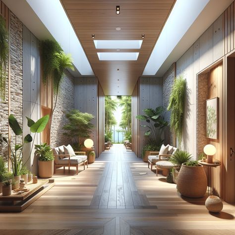 The hallway should incorporate elements such as wooden furniture, stone walls, indoor plants, and skylights to bring a sense of the outside in. Subtle lighting and calming artwork can be incorporated to enhance the eco-friendly design of this space. Let it fuse the boundaries between the indoors and the outdoors, creating a serene and rejuvenating environment which can also serve as an inspiration for a remodel. Oasis Design, Indoor Oasis, Hotel Hallway, Tulum Hotels, Hotel Lounge, Residential Development, Tranquil Retreat, Hallway Design, Hotel Reception