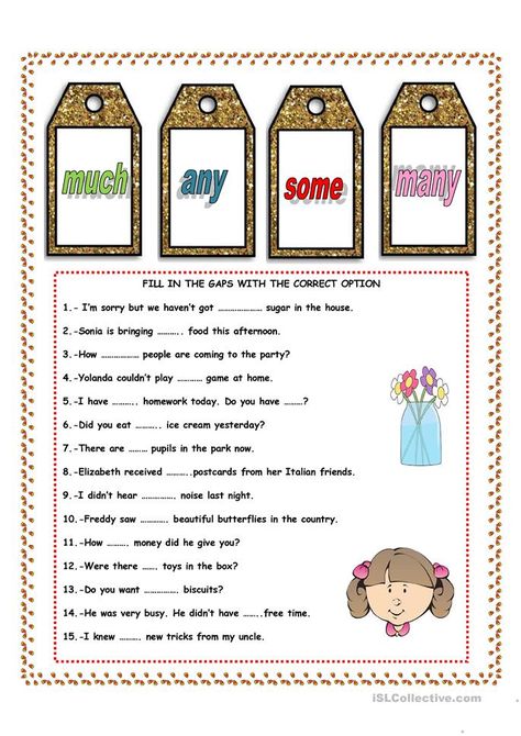 Some, Any, Much, Many - English ESL Worksheets for distance learning and physical classrooms Some Any, Teach English To Kids, English Grammar Tenses, English Exercises, English Grammar Worksheets, Narrative Writing, Grammar Worksheets, Teaching Jobs, Esl Worksheets