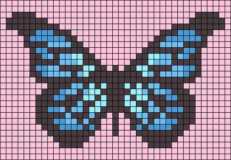 Perler Butterfly Pattern, Butterfly Pixel Art 32x32, Butterfly Alpha Pattern, Pixel Art Butterfly, Butterfly Pixel Art, Pixel Butterfly, Aesthetic Bug, Melty Bead Designs, Crochet Graphs