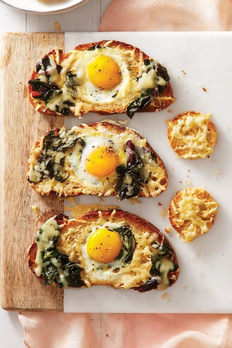 Chard and Gruyère Egg in a Hole Breakfast Snap, Bread Crust, Ways To Cook Eggs, Easy Egg Recipes, Best Brunch Recipes, Easy Brunch Recipes, Breakfast Aesthetic, Overnight Oat, Breakfast Ideas Healthy