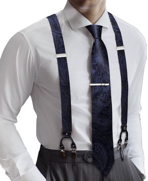 PRICES MAY VARY. HIGH-QUALITY SILK-Fabric soft and comfortable,content rich,1*Suspender +1*Tie+1*Pocket Square+ 2*Cufflinks+a free clip,different color for you to choice,an essential accessory for a man's wardrobe. SIZE-Suspender:1.4*59inches(3.5*150cm).BowTie:4.7*2.4inches(12*6cm),Adjustable according to neck-size:11-19inches(28cm-48cm),And its length is adjustable and could fit for the body shape of most customers. Special Clips Design: Y type suspender with 6 metal strong clips can help to ke Suspenders Men Fashion, Suspenders Outfit, Vintage Outfits Men, Suit Shorts, Black Suspenders, Havana Nights, Jacquard Ribbon, Necktie Set, Suspenders Men