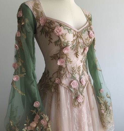 Long Sleeve Wedding Dress Color, Fairycore Dress Prom, Unibloom Dress, Celtic Aesthetic Outfit, Fantasy Elf Dress, Fairy Bridesmaid Dresses, Flower Dress Fairy, Fairy Fantasy Dress, Fantasy Dress Fairy