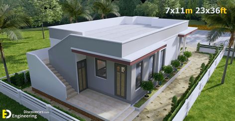 Small House Plans 7×11 Meters  With 2 Bedrooms | Engineering Discoveries Flat Roof House Designs, Terrace Roof, Modern Bungalow House Design, Small Modern House Plans, Three Bedroom House Plan, Flat Roof House, Unique House Plans, House Roof Design, Modern Bungalow House