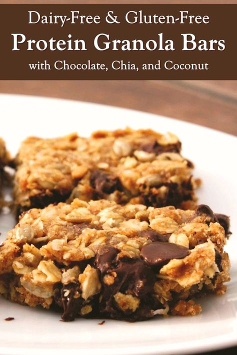 Chocolate Chip Protein Granola Bars Recipe (Dairy-Free & Gluten-Free) Homemade Protein Granola Bars, Protein Granola Bar Recipe, Dairy Free Granola Bars, Homemade Protein Granola, Low Calorie Granola, Dairy Free Protein Bars, Nut Free Granola Bars, Gluten Free Granola Bars, Protein Snacks Recipes