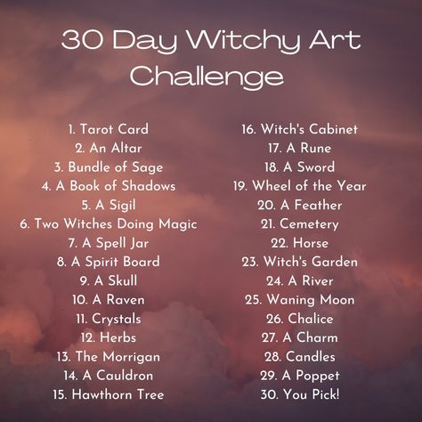 Witchy Drawing Prompts, Dark Sketchbook Ideas, Coloring Prompts, Tarot Drawings, 30 Day Art Challenge, 30 Day Drawing Challenge, Drawing Challenges, Witchy Art, Art Challenges