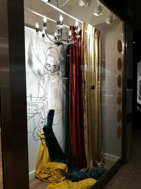 Ripplefold Curtains, Fabric Store Design, Exhibition Display Design, Curtain Store, Retail Design Display, Clothing Store Design, Visual Merchandising Displays, Window Display Design, Ceiling Art