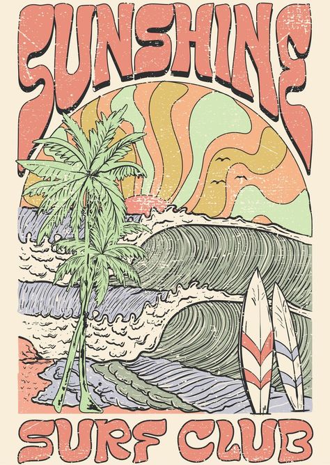 Vintage Surf Club - A4 Rice Decoupage Paper Surfing Poster, Vintage Surf Art, Vintage Retro Art, Vintage Surf Wallpaper, Vintage Sun, Surf Skate Aesthetic, Retro Surf Poster, Ocean Posters, Vintage Surf Posters