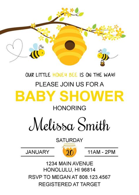 Bumble Bee Baby Shower Invitations Honey Bee Baby Shower | Etsy Baby Shower Ideas Spring, Honey Bee Baby Shower Invitations, Bee Themed Gender Reveal, Bee Baby Shower Invitations, Bee Invitations, Honey Bee Baby Shower, Bee Baby Shower Theme, Mommy To Bee, Bumble Bee Baby Shower