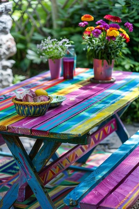 Colorful Painted Picnic Table Ideas for Your Yard Picnic Bench Painted, Colorful Picnic Table, Painted Picnic Table Ideas, Painted Picnic Table, Hallway Door Ideas, Picnic Table Ideas, Painted Picnic Tables, Wine Picnic Table, Colorful Picnic