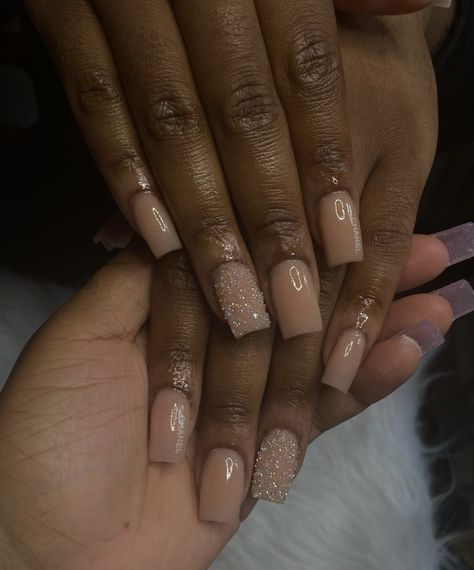 Office Acrylic Nails, Short Tan Acrylic Nails, November Nails Ideas Short Square, Nude Ballerina Nails Medium, Fall Nail Sets Acrylic Short, Short Beige Nails, Tan Nails With Design, French With Glitter, Medium Nude Nails