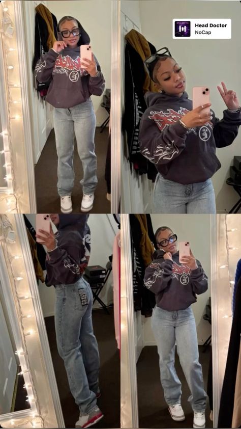 Cute Hoodie Outfit Black Women, Calm Birthday Outfits Winter, Essentials Hoodie Outfit Black Women, Essentials Sweatshirt Outfit, What To Wear To Movies, Fits For School Baddie, Grey Graphic Tee Outfit, Back To School Winter Outfits, Fly Shi Only Outfits