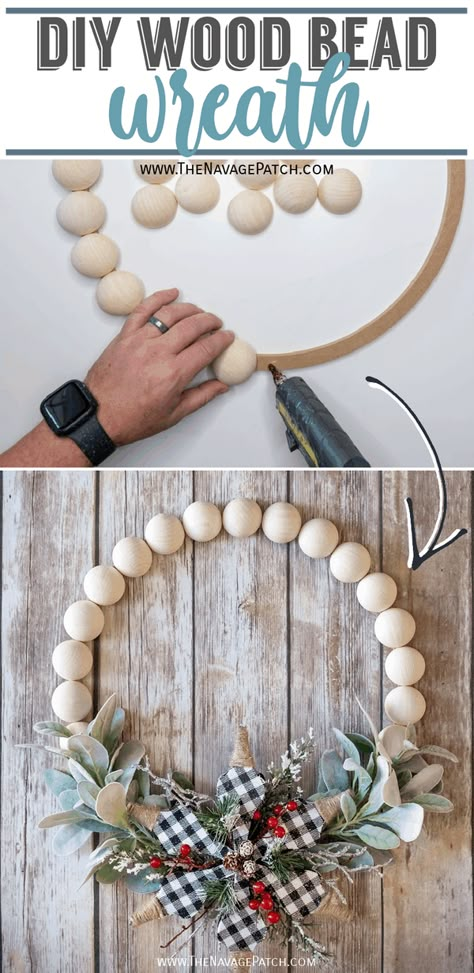 DIY Wood Bead Wreath | The easiest DIY wreath ever | How to make a wood bead wreath in under 15 minutes | DIY wood bead floral wreath | DIY wood bead wreath - seasonally interchangeable | DIY winter floral wreath | Repurposed wood beads | #TheNavagePatch #easydiy #WoodBeadWreath #Upcycled #DIY #DIYWreath #Holidaydecor #DIYChristmas #Christmascrafts #DIYhomedecor #Holidays | TheNavagePatch.com Crafts With Wooden Beads, Diy Wood Bead Wreath, Floral Wreath Diy, Diy Wreaths Easy, Wood Bead Wreath, Bead Wreath, Wood Beads Diy, Easy Diy Wreaths, Dekor Diy