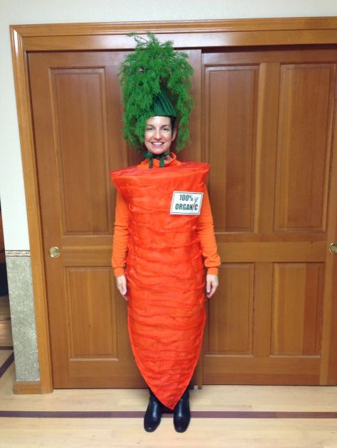 I created my costume using orange felt with a sheer orange overlay.  I randomly tucked the sheer overlay over the felt and stitched it in lines across both the front and the back pieces to create... Carrot Costume Women, Orange Costume Ideas, Diy Carrot Costume, Fall Outfits Thanksgiving, Orange Halloween Costume, Carrot Costume, Orange Overlay, Vegetable Costumes, Carrot Dressing