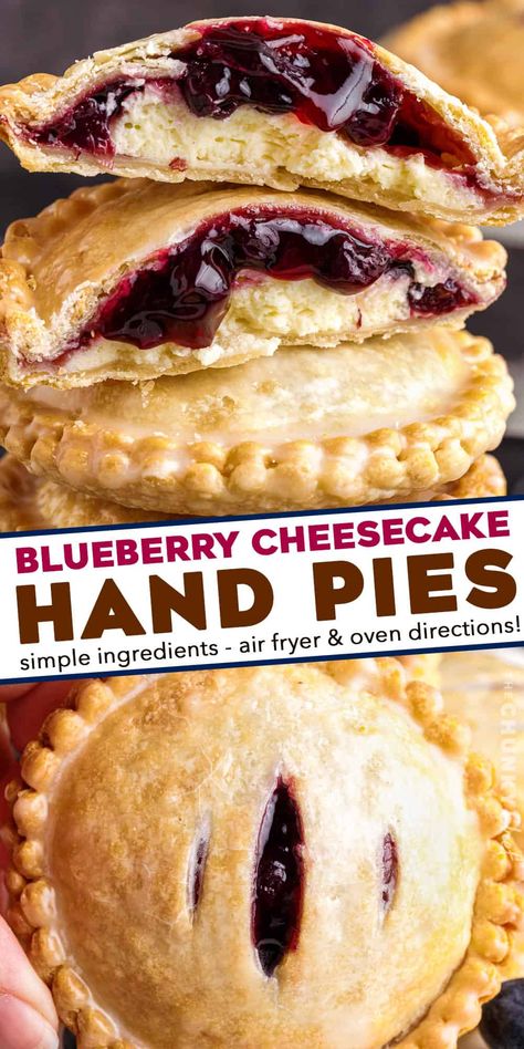 These Blueberry Cheesecake Hand Pies are an easy-to-make, portable dessert - mini pockets of silky cheesecake and sweet blueberry pie filling! This recipe uses a lot of store-bought ingredients to eliminate a lot of the hassle and make this a perfect dessert for beginners, and is made easily in the air fryer (oven instructions are also included). Cheesecake Hand Pies, Air Fryer Blueberry, Portable Dessert, Air Fryer Recipes Dessert, Hand Pie Recipes, Blueberry Pie Filling, Blueberry Desserts, Blueberry Pie, Blueberry Recipes