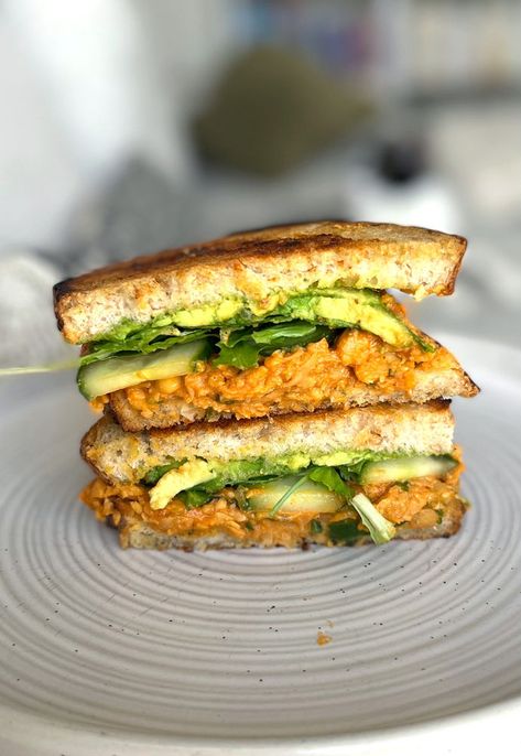 MISO BUTTER GOCHUJANG SMASHED CHICKPEA SANDWICH WITH CUCUMBER AND AVOCADO Miso Sandwich, Smashed Cucumbers, Smashed Chickpea, Chickpea Sandwich, Chickpea Tuna, Miso Butter, Cucumber Sandwiches, Healthy Grains, Grass Fed Butter