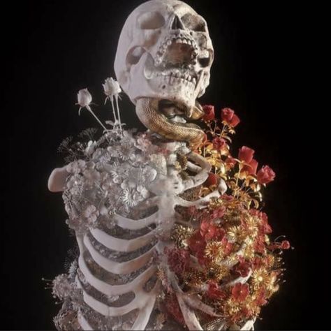 Sculpture Fashion, Skeleton Flower, Growth And Decay, Skeleton Decorations, Chest Piece Tattoos, Flower Icons, Skeleton Art, Cover Art Design, Art Flowers