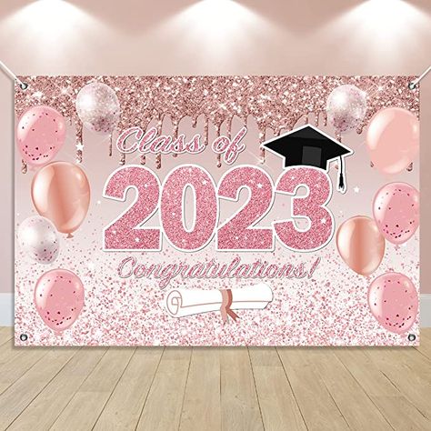 Backdrop Graduation, Ballon Banner, Pink Graduation, Graduation Party Backdrops, Unique Party Themes, Banner Graduation, Graduation Party Diy, Party Fotos, Picture Banner