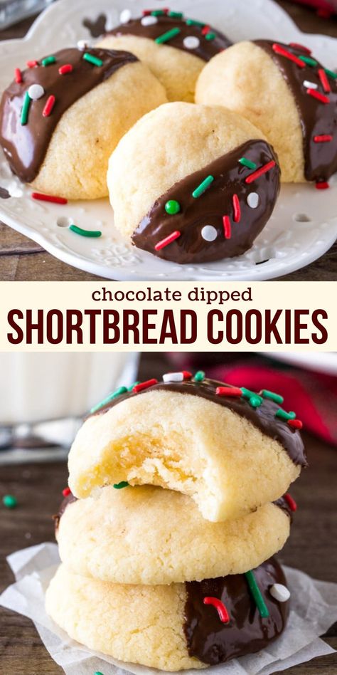 Buttery shortbread dipped in chocolate - these cookies are perfect for the holidays. Add this chocolate dipped shortbread cookie recipe to your Christmas cookie baking list #shortbread #cookies #holidays #christmas #chocolate #dip from Just So Tasty Cookies For Dipping, Chocolate Dipped Shortbread Christmas, Chocolate Dipped Cookies Christmas, Chocolate Dipped Butter Cookies, Shortbread Cookies Dipped In Chocolate, Easy Shortbread Recipe, Chocolate Dipped Shortbread Cookies, Dipped Shortbread Cookies, Chocolate Dipped Shortbread