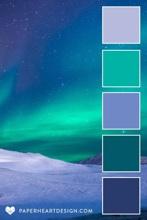 Color Palette: Northern Lights — Paper Heart Design Co. Aurora Colour Palette, Starlight Color Palette, Aurora Borealis Color Palette, Aurora Color Palette, Teal Color Palette, Interior Design Branding, Aurora Design, Color Design Inspiration, Hex Color Palette