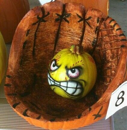 Baseball Halloween Decorations, Softball Pumpkins, Halloween Pumpkin Ideas, Halloween Softball, Softball Things, Pumpkin Smash, Softball Crafts, Pumpkin Decorating Contest, Softball Stuff