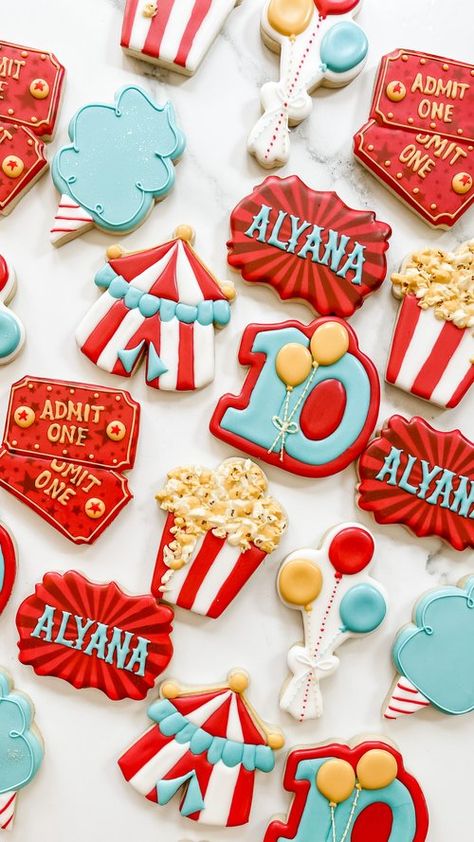 Omaha Nebraska Custom Birthday Sugar Cookies — The Flour Shoppe Cookie Co Circus Popcorn, Carnival Birthday Theme, Circus First Birthday, Popcorn Cookies, Circus 1st Birthdays, Circus Cookies, Circus Birthday Party Theme, Carnival Birthday Party Theme, Circus Carnival Party